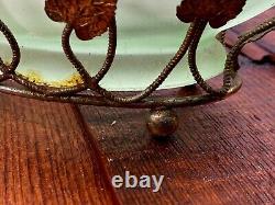 Art Nouveau Bagley Green Glass Evesham Posy Basket with gold metal stand 1920