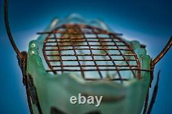 Art Nouveau Bagley Green Glass Evesham Posy Basket with gold metal stand 1920