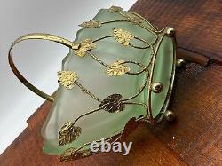 Art Nouveau Bagley Green Glass Evesham Posy Basket with gold metal stand 1920