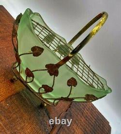 Art Nouveau Bagley Green Glass Evesham Posy Basket with gold metal stand 1920