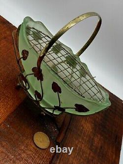 Art Nouveau Bagley Green Glass Evesham Posy Basket with gold metal stand 1920