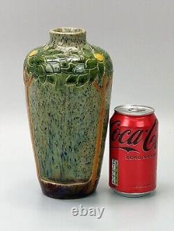 Art Nouveau Belgian pottery vase, drip glazed incised with tall flowers c1900