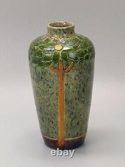 Art Nouveau Belgian pottery vase, drip glazed incised with tall flowers c1900