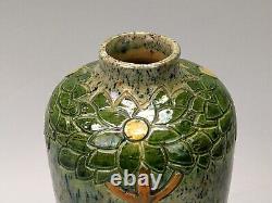 Art Nouveau Belgian pottery vase, drip glazed incised with tall flowers c1900