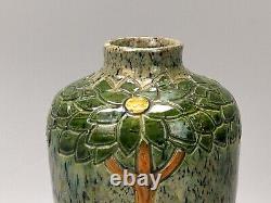 Art Nouveau Belgian pottery vase, drip glazed incised with tall flowers c1900