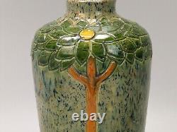 Art Nouveau Belgian pottery vase, drip glazed incised with tall flowers c1900