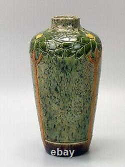 Art Nouveau Belgian pottery vase, drip glazed incised with tall flowers c1900