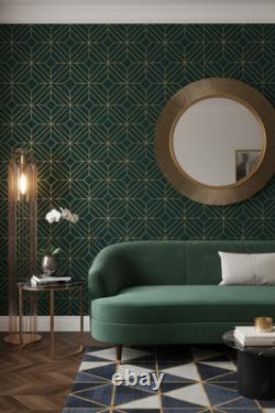 Art Nouveau Bespoke Emerald Green Geometric Peel and Stick Wallpaper Wall Mural