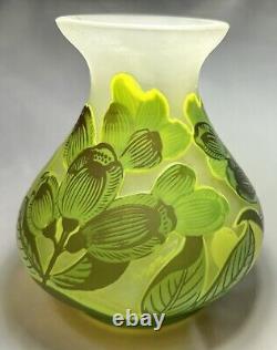 Art Nouveau Bezau Perla Lux Green Floral Cameo Glass Enameled Vase Signed
