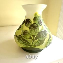 Art Nouveau Bezau Perla Lux Green Floral Cameo Glass Enameled Vase Signed