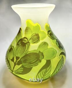 Art Nouveau Bezau Perla Lux Green Floral Cameo Glass Enameled Vase Signed