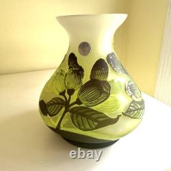 Art Nouveau Bezau Perla Lux Green Floral Cameo Glass Enameled Vase Signed