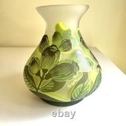 Art Nouveau Bezau Perla Lux Green Floral Cameo Glass Enameled Vase Signed