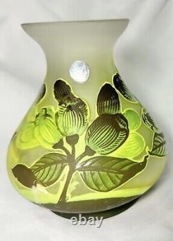 Art Nouveau Bezau Perla Lux Green Floral Cameo Glass Enameled Vase Signed