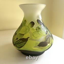 Art Nouveau Bezau Perla Lux Green Floral Cameo Glass Enameled Vase Signed