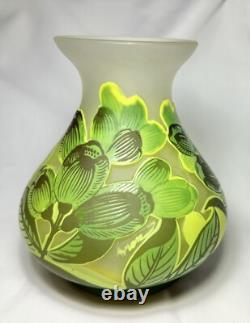 Art Nouveau Bezau Perla Lux Green Floral Cameo Glass Enameled Vase Signed
