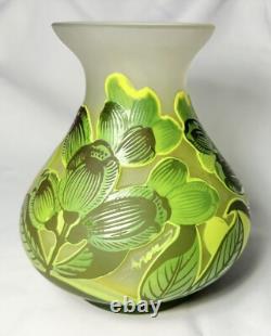 Art Nouveau Bezau Perla Lux Green Floral Cameo Glass Enameled Vase Signed