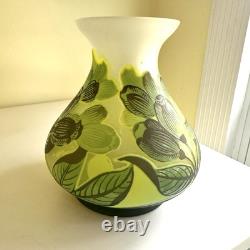 Art Nouveau Bezau Perla Lux Green Floral Cameo Glass Enameled Vase Signed