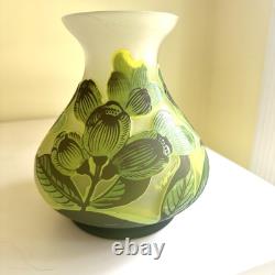 Art Nouveau Bezau Perla Lux Green Floral Cameo Glass Enameled Vase Signed