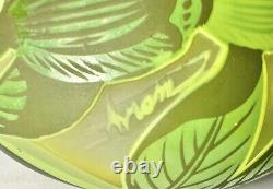 Art Nouveau Bezau Perla Lux Green Floral Cameo Glass Enameled Vase Signed