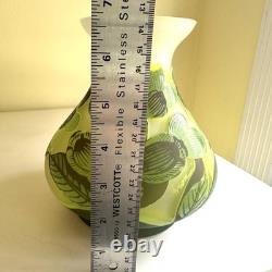 Art Nouveau Bezau Perla Lux Green Floral Cameo Glass Enameled Vase Signed