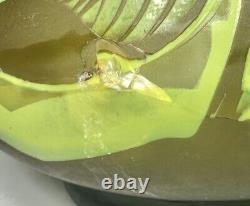 Art Nouveau Bezau Perla Lux Green Floral Cameo Glass Enameled Vase Signed