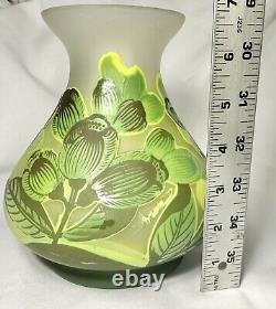 Art Nouveau Bezau Perla Lux Green Floral Cameo Glass Enameled Vase Signed