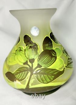 Art Nouveau Bezau Perla Lux Green Floral Cameo Glass Enameled Vase Signed