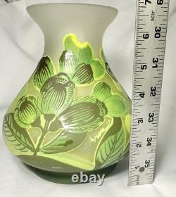 Art Nouveau Bezau Perla Lux Green Floral Cameo Glass Enameled Vase Signed