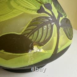 Art Nouveau Bezau Perla Lux Green Floral Cameo Glass Enameled Vase Signed