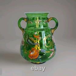 Art Nouveau Bohemian Moser Style Green Glass Vase Handpainted