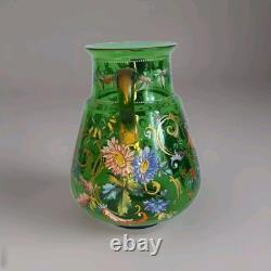 Art Nouveau Bohemian Moser Style Green Glass Vase Handpainted