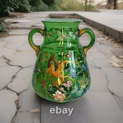 Art Nouveau Bohemian Moser Style Green Glass Vase Handpainted