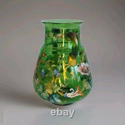 Art Nouveau Bohemian Moser Style Green Glass Vase Handpainted