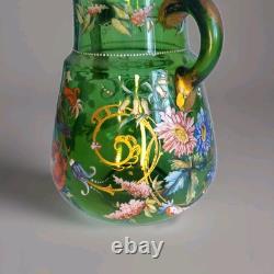 Art Nouveau Bohemian Moser Style Green Glass Vase Handpainted