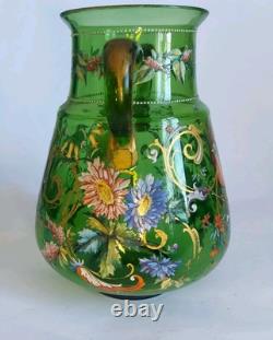 Art Nouveau Bohemian Moser Style Green Glass Vase Handpainted
