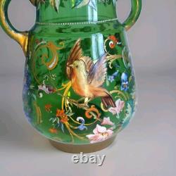 Art Nouveau Bohemian Moser Style Green Glass Vase Handpainted