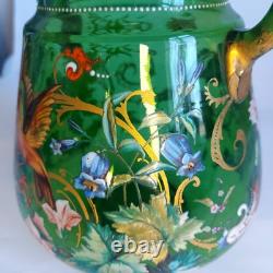Art Nouveau Bohemian Moser Style Green Glass Vase Handpainted