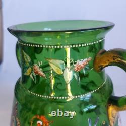 Art Nouveau Bohemian Moser Style Green Glass Vase Handpainted