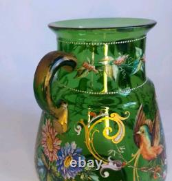 Art Nouveau Bohemian Moser Style Green Glass Vase Handpainted