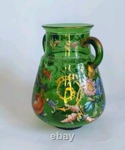 Art Nouveau Bohemian Moser Style Green Glass Vase Handpainted