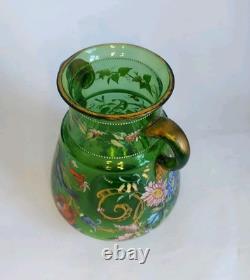 Art Nouveau Bohemian Moser Style Green Glass Vase Handpainted