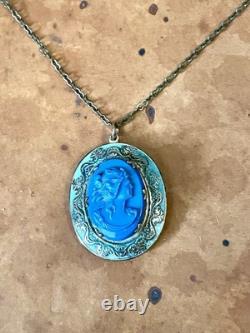 Art Nouveau Brass & Green Enamel Blue Art Glass Cameo Locket Necklace