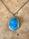 Art Nouveau Brass & Green Enamel Blue Art Glass Cameo Locket Necklace