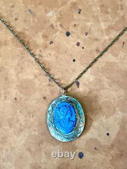 Art Nouveau Brass & Green Enamel Blue Art Glass Cameo Locket Necklace Art Nouveau Brass & Green Enamel Blue Art Glass Cameo Locket Necklace
