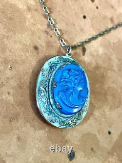 Art Nouveau Brass & Green Enamel Blue Art Glass Cameo Locket Necklace