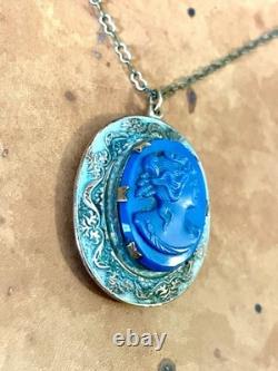 Art Nouveau Brass & Green Enamel Blue Art Glass Cameo Locket Necklace