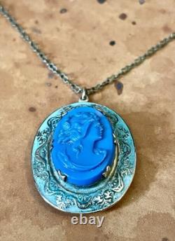 Art Nouveau Brass & Green Enamel Blue Art Glass Cameo Locket Necklace