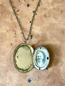 Art Nouveau Brass & Green Enamel Blue Art Glass Cameo Locket Necklace Art Nouveau Brass & Green Enamel Blue Art Glass Cameo Locket Necklace