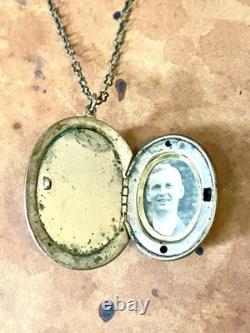 Art Nouveau Brass & Green Enamel Blue Art Glass Cameo Locket Necklace